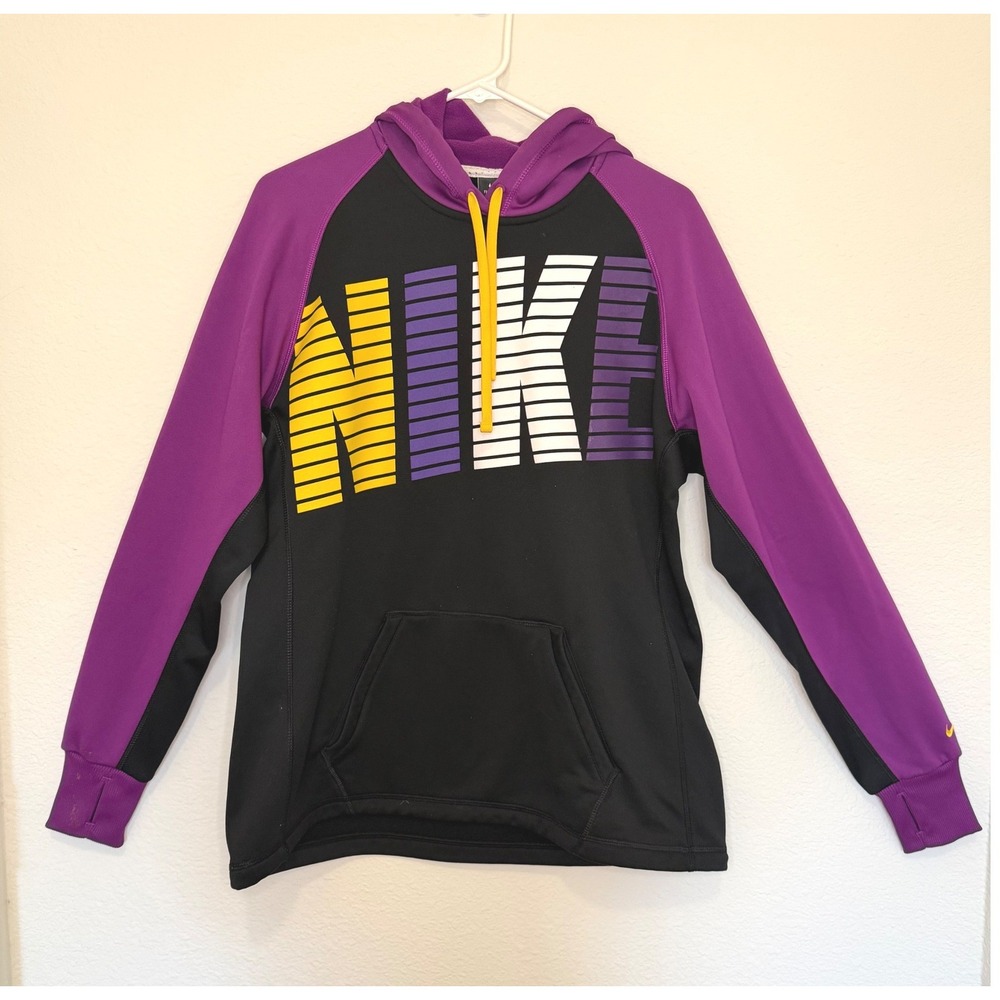 Nike‎ Therma-Fit Hoodie Large Black Purple Yellow Graphic Pullover Sportswear